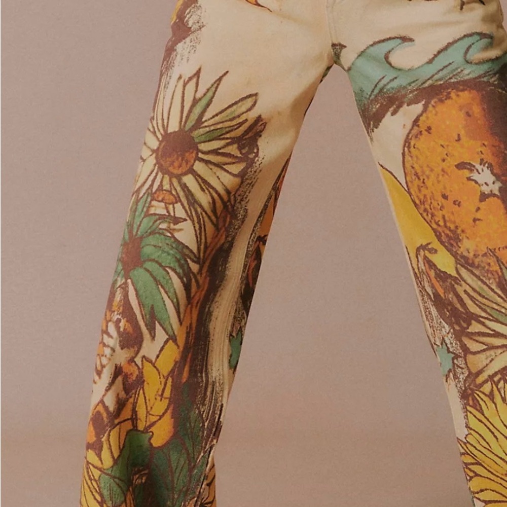 Free People Yellow Botanical Print Wide-Leg Jeans - Picture 3 of 6
